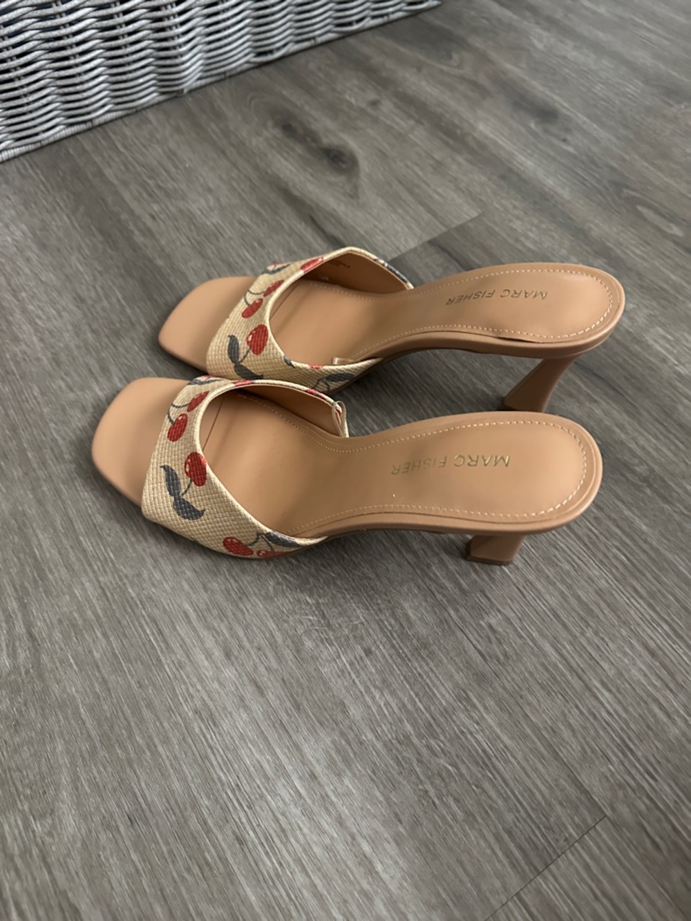 Marc Fisher Peach Slide Heels with Cherry Print - Picture 3 of 8